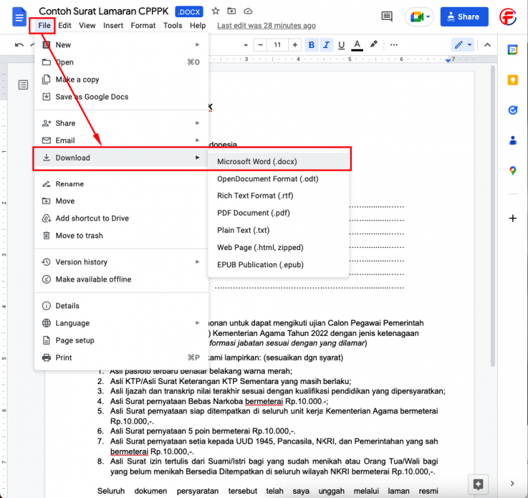Surat Lamaran P3K dan Lampirannya Format Word