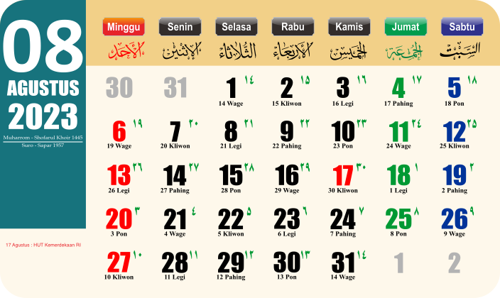 Kalender Agustus 2023 Lengkap dengan Arab, Jawa, Weton dan Tanggal Merah