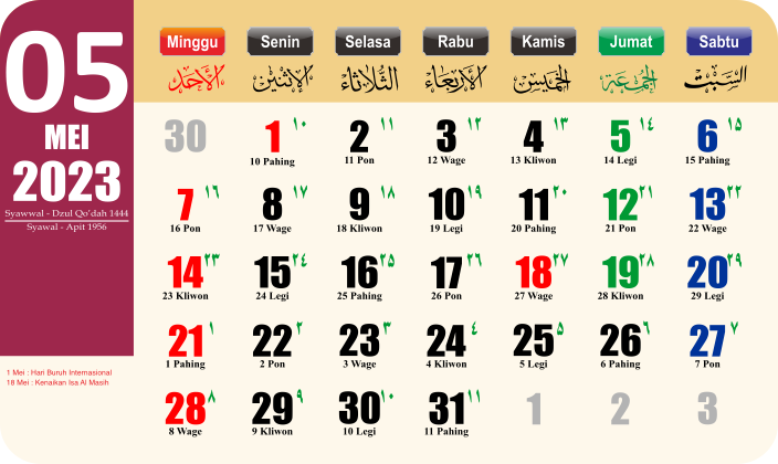Kalender Mei 2023 lengkap jawa, hijriyah dan islam
