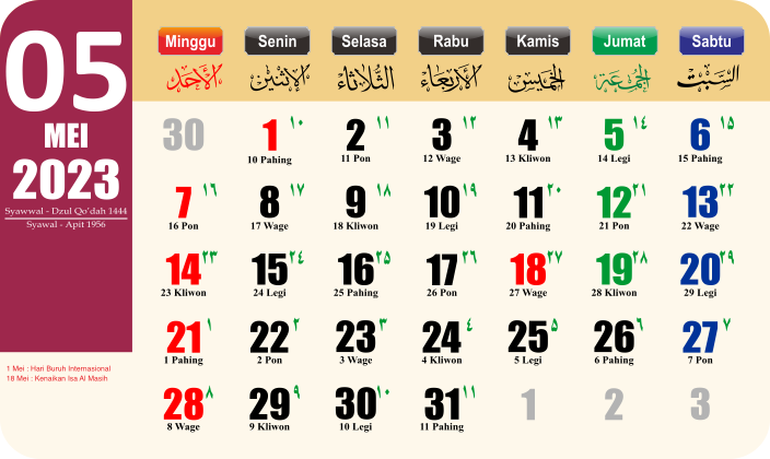 kalender jawa bulan Mei 2023