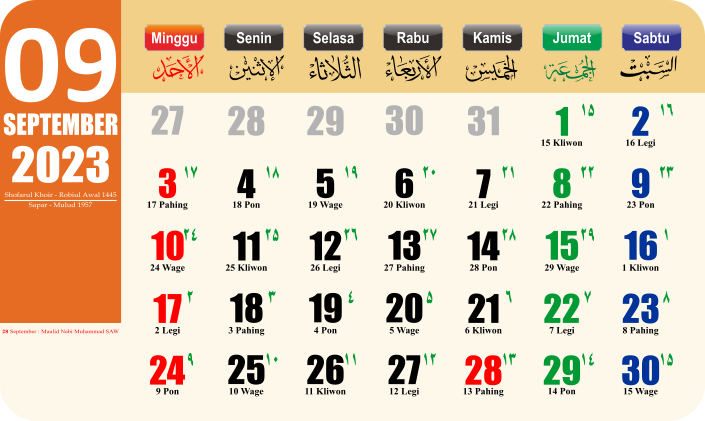 Kalender September 2023 Jawa & Arab Lengkap dengan Tanggal Penting