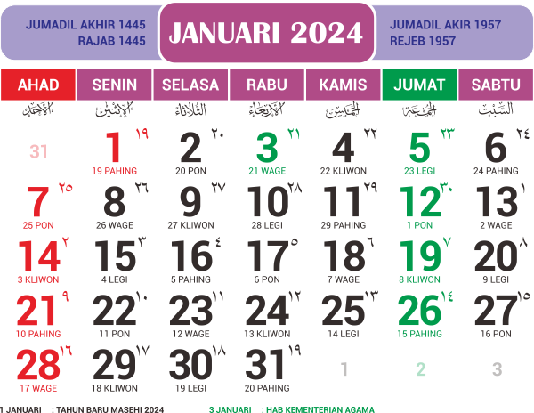 Kalender Januari 2024 Lengkap Tanggal Merah atau Libur