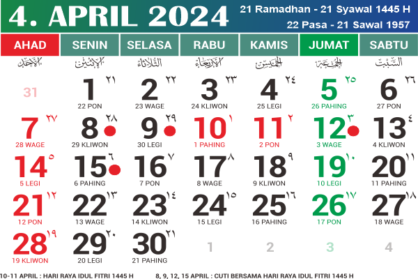 Kalender Bulan April 2024 Jawa dan Hijriyah | CDR, PDF, PNG