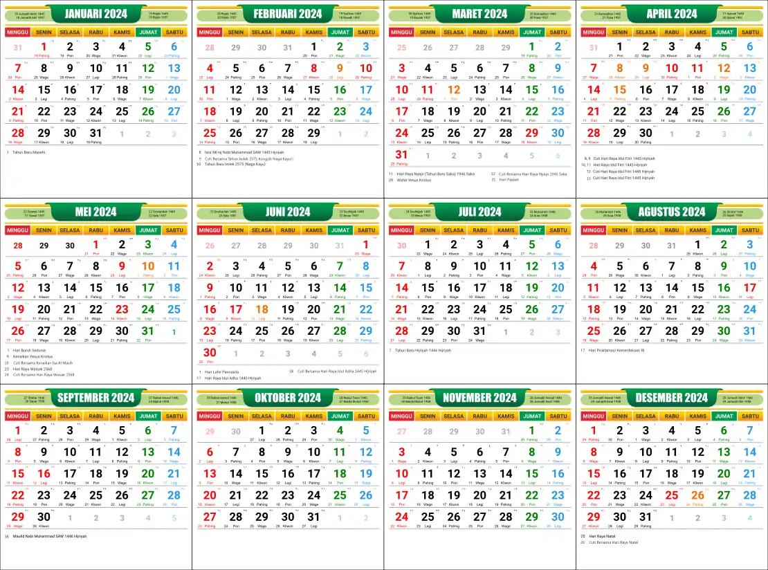 Kalender Januari – Desember 2024 | Hijriyah, Jawa dan Tanggal Merah