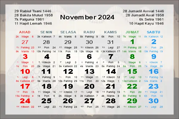 Kalender Jawa November 2024 | Neptu dan Pasaran